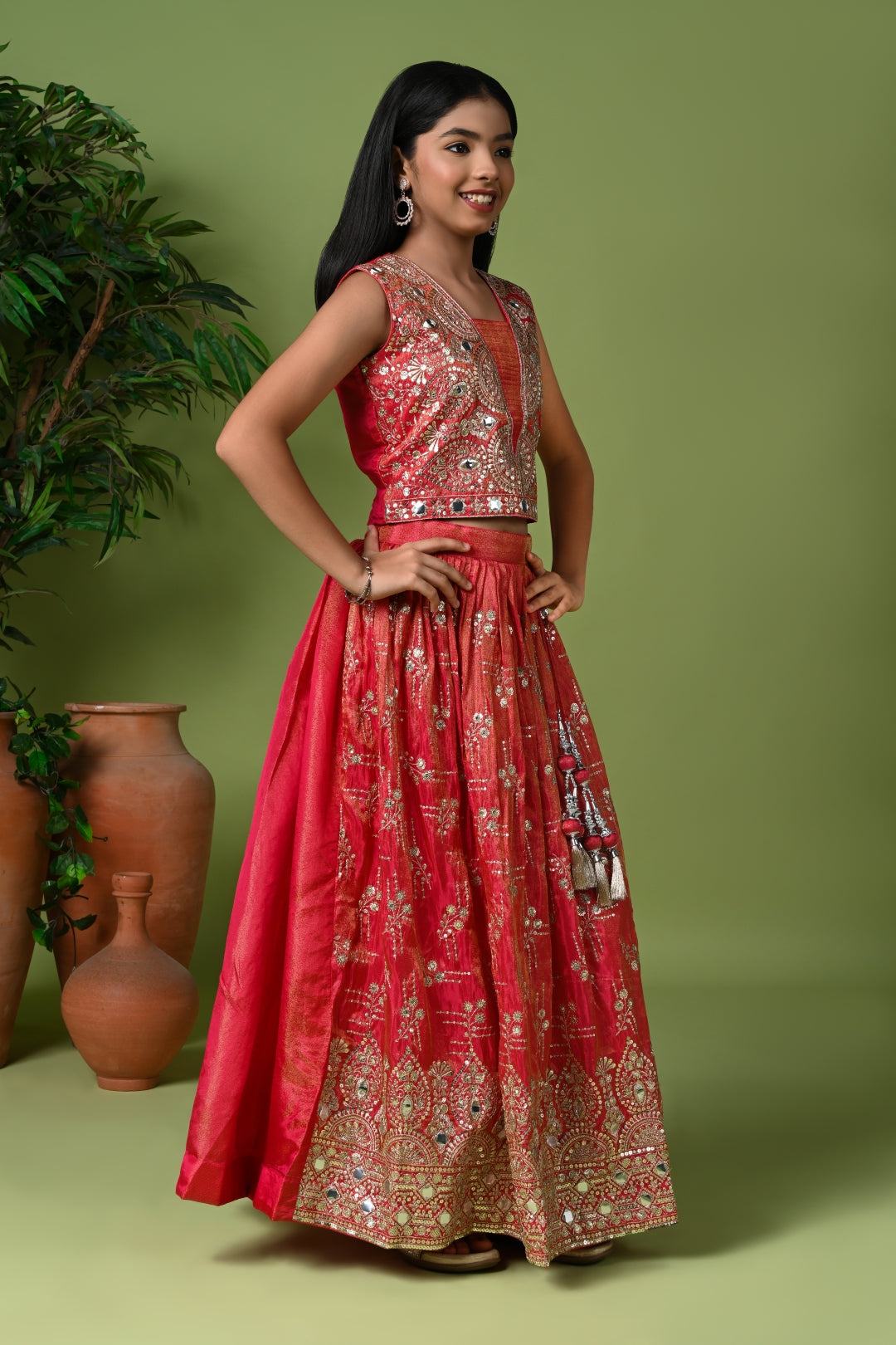 Red Mirror Work Lehenga Set with Embroidered Blouse & Dupatta