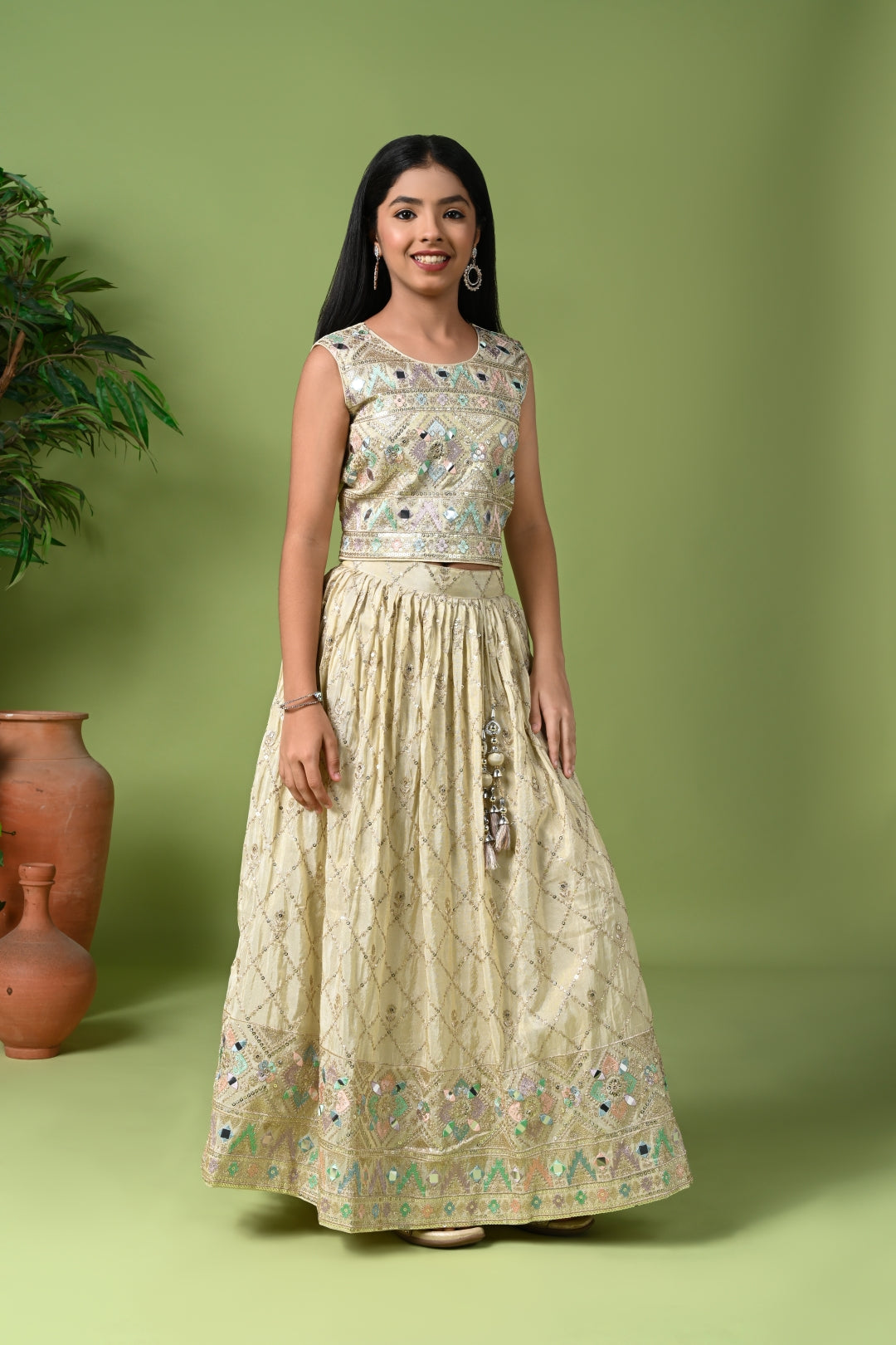 Golden Beige Embroidered Lehenga Set with Crop Top