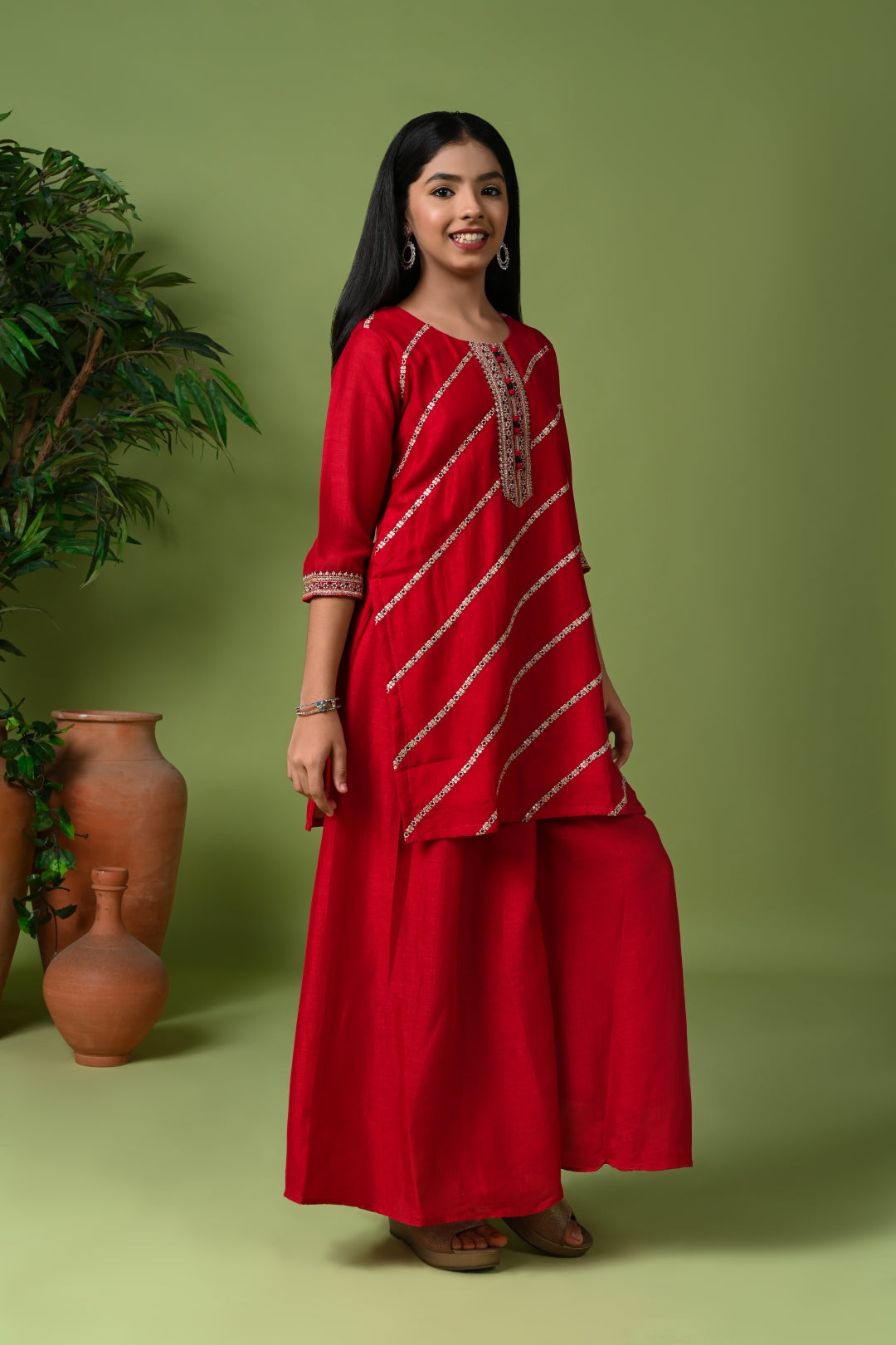 Green Silk Embroidered Kurta Set with Palazzo Pants and Dupatta