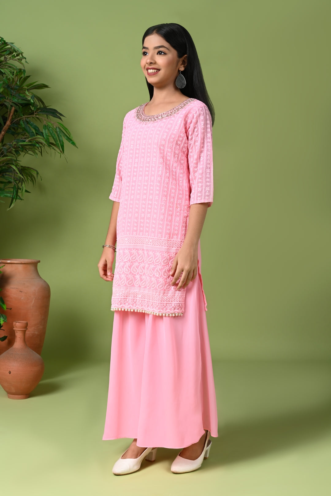 Pink Embroidered Kurta with Palazzo Pants & Dupatta