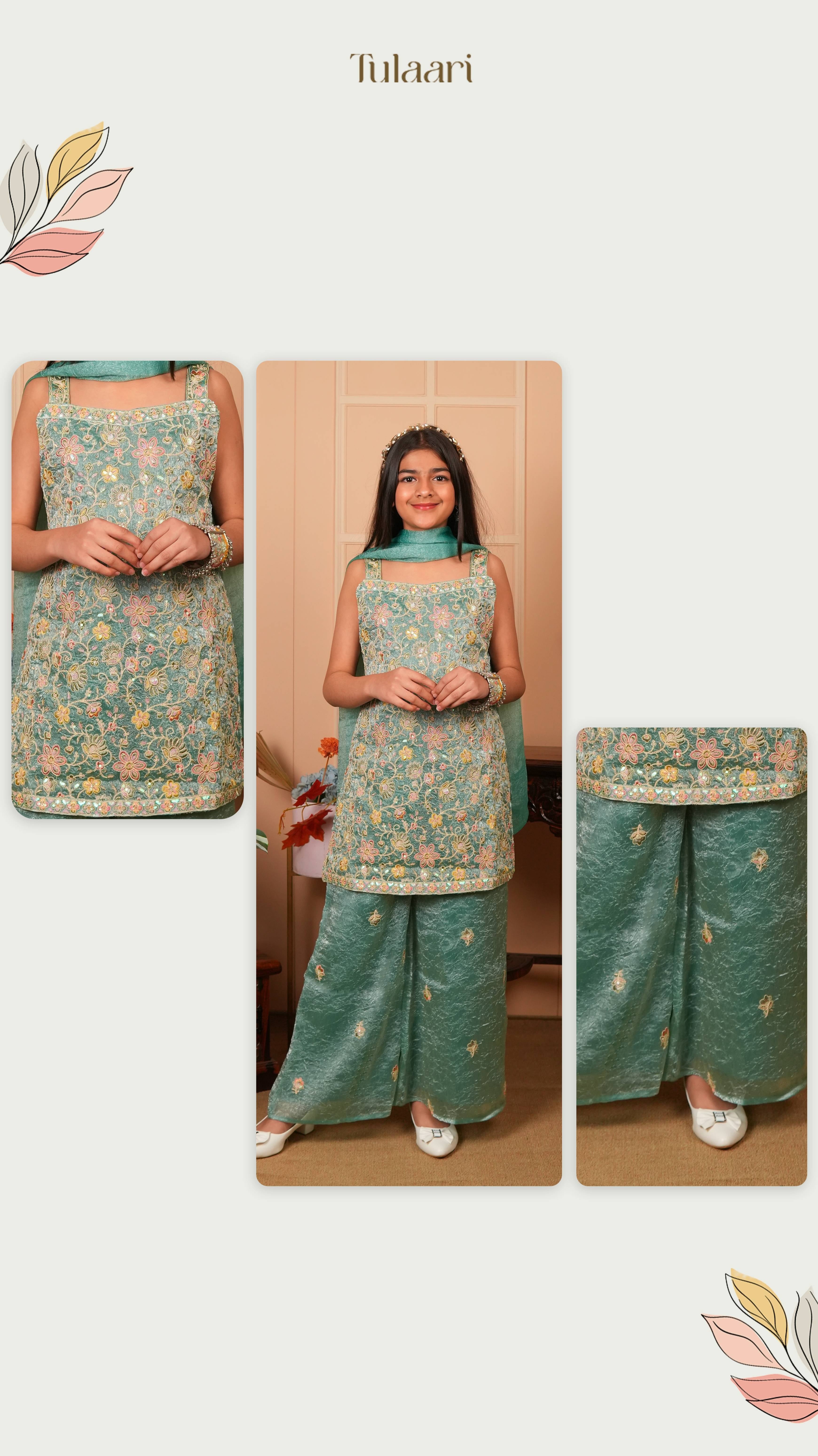 Firoza Satin Crush Embroidered Pallazo Set with Dupatta