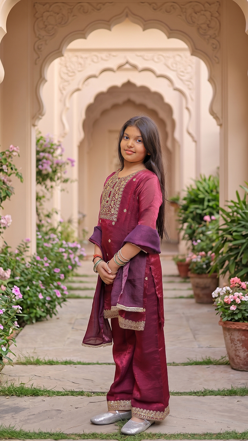 Satin Zari Embroidered Indo Western Pallazo Set