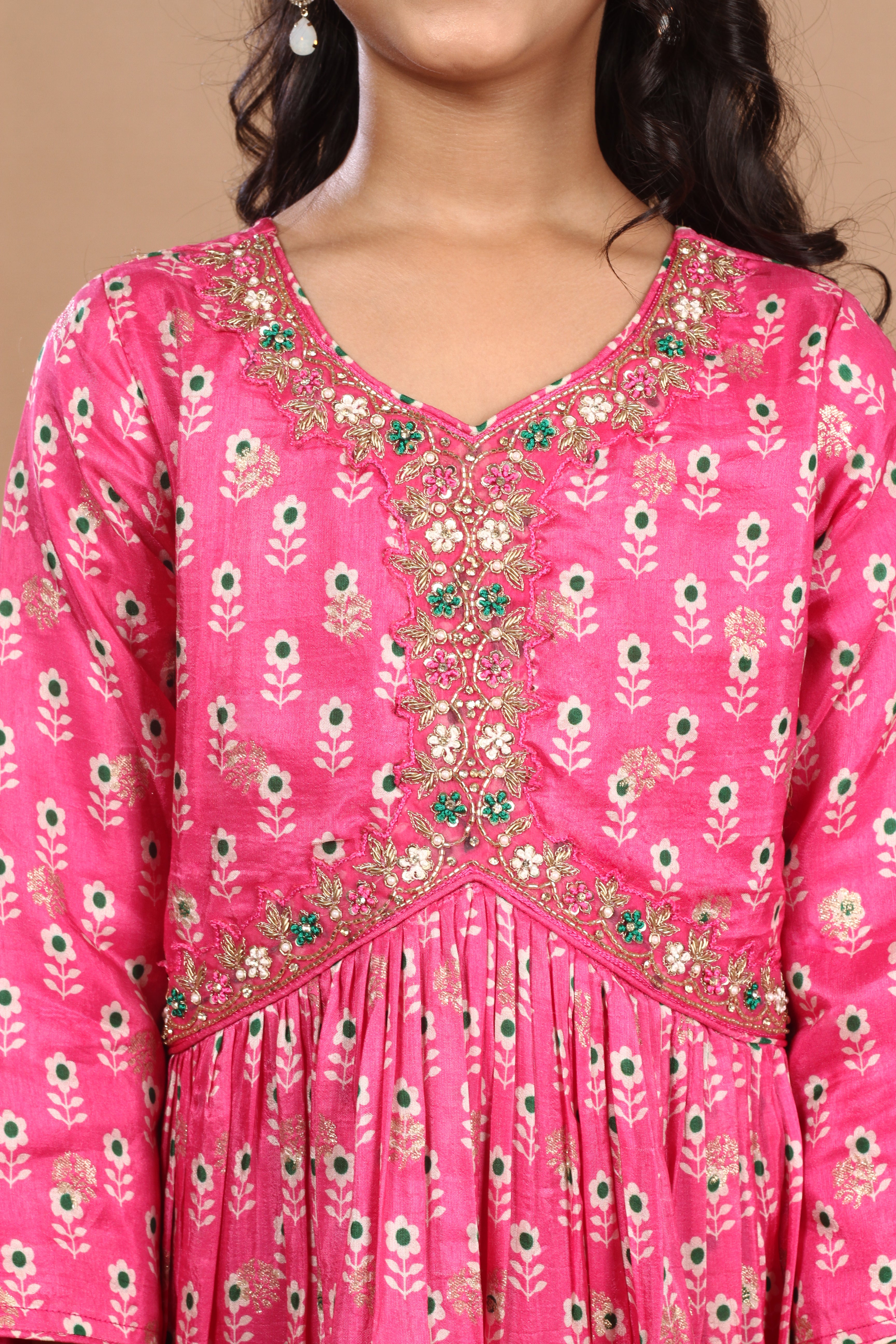 Jacquard Embroidered and Printed Rani Colour Gown Set with Dupatta