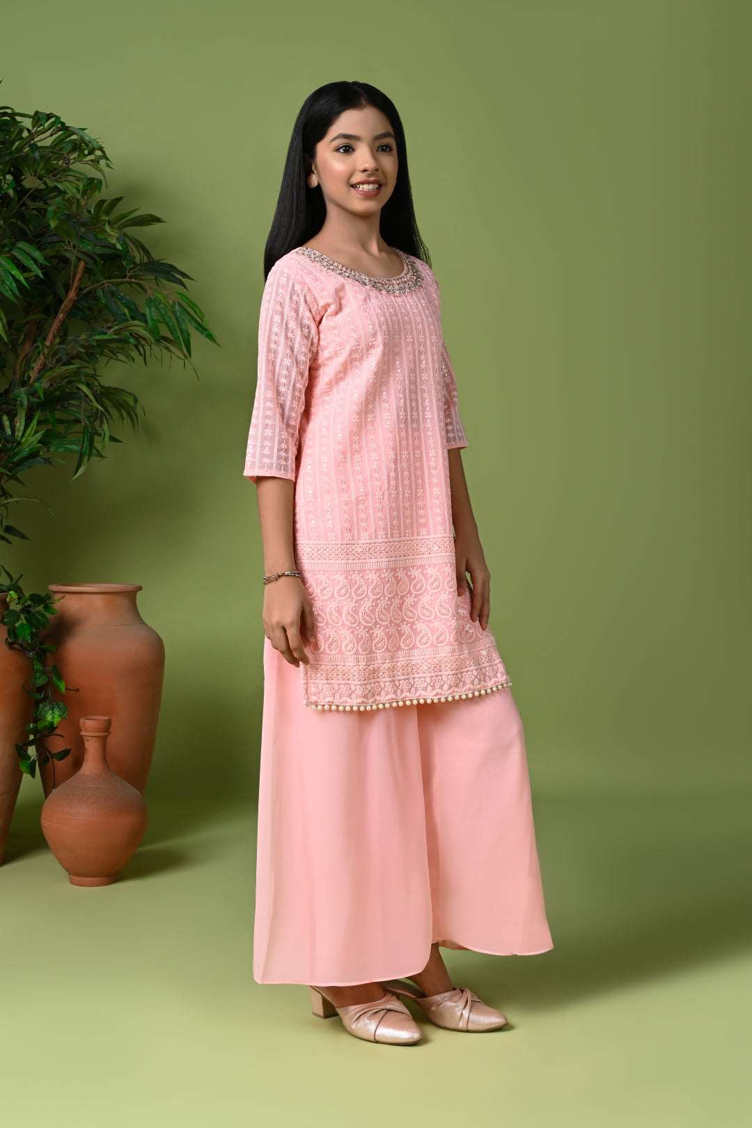 Pastel Pink Embroidered Kurta with Palazzo Pants & Dupatta
