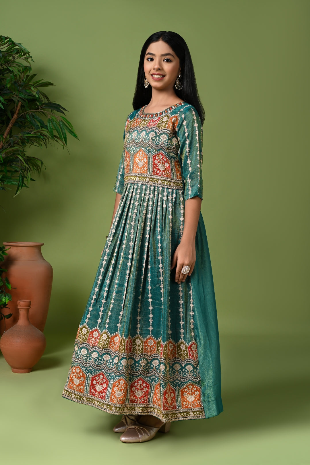 Teal Green Printed Anarkali with Dupatta