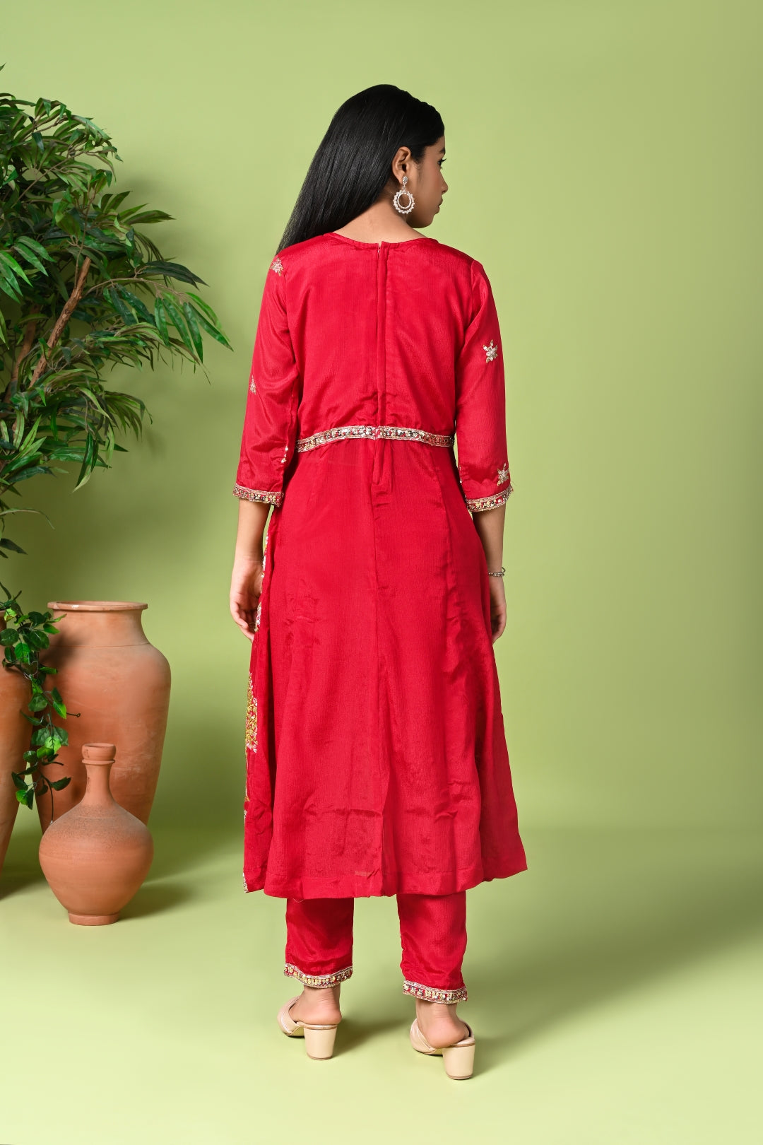 Red Embroidered Long Kurta with Pants & Dupatta