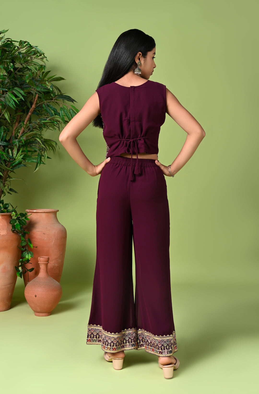 Indo-Western Wine Embroidered Crop Top with Palazzo Pants & Dupatta