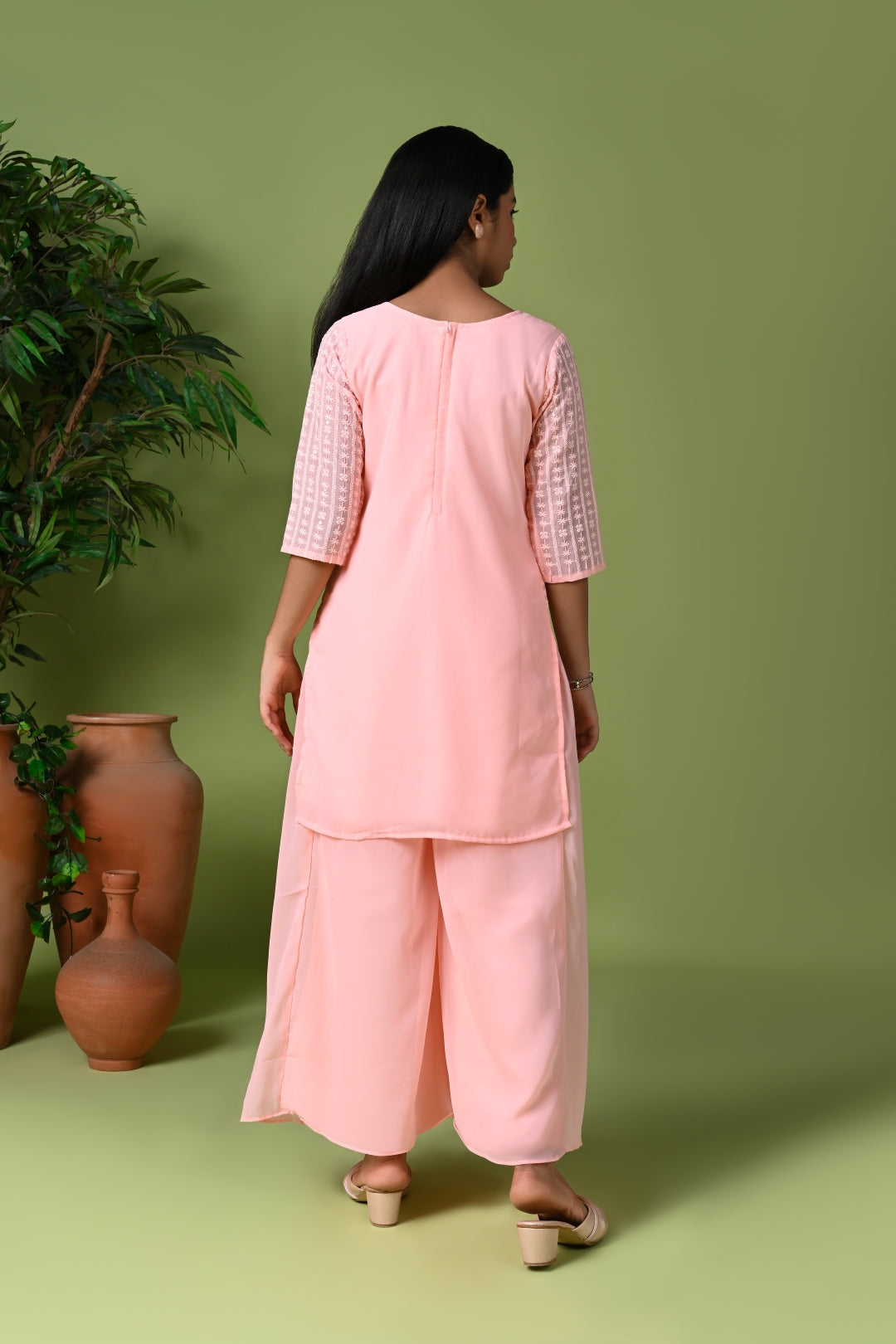 Pastel Pink Embroidered Kurta with Palazzo Pants & Dupatta