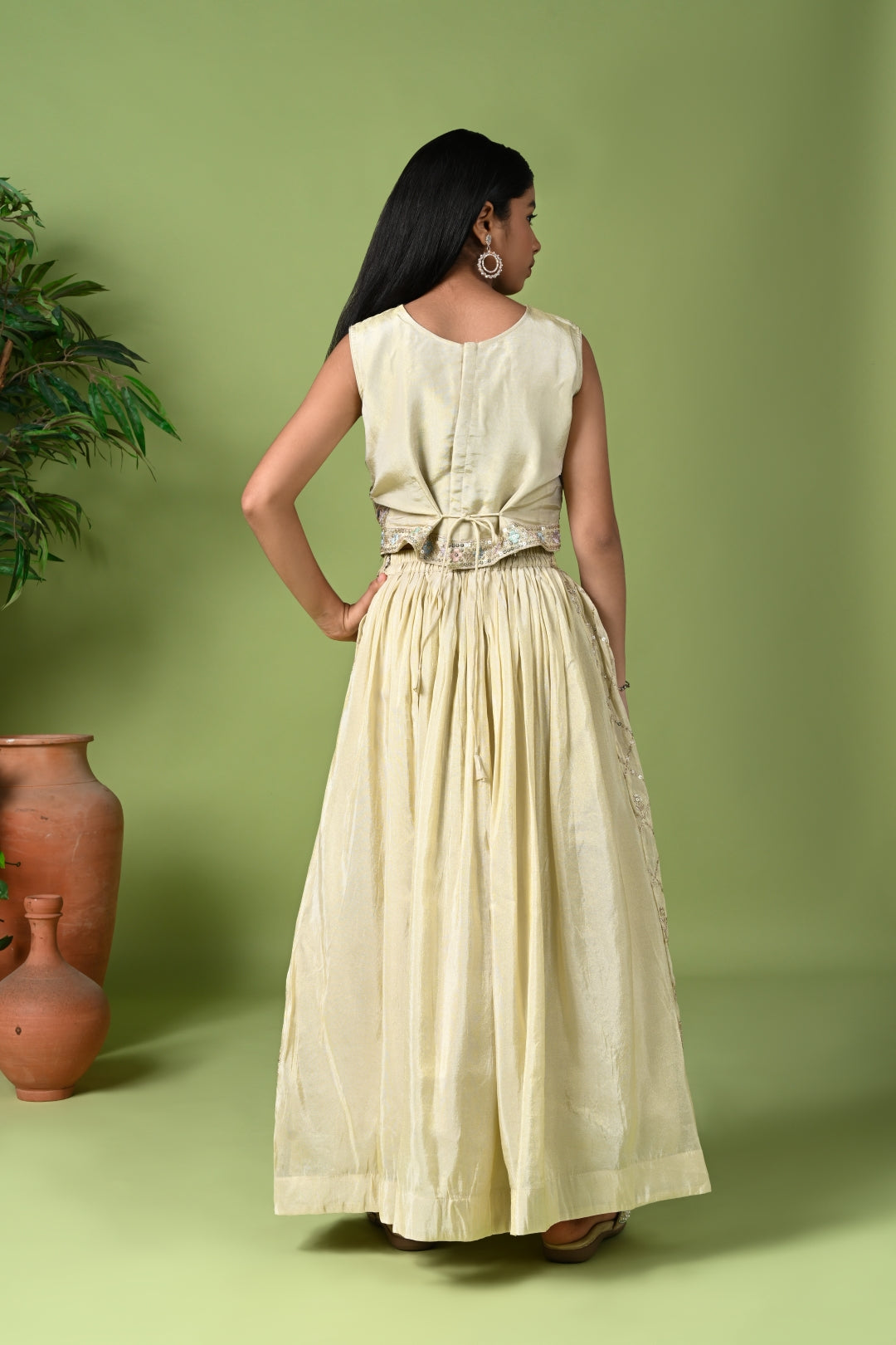 Golden Beige Embroidered Lehenga Set with Crop Top