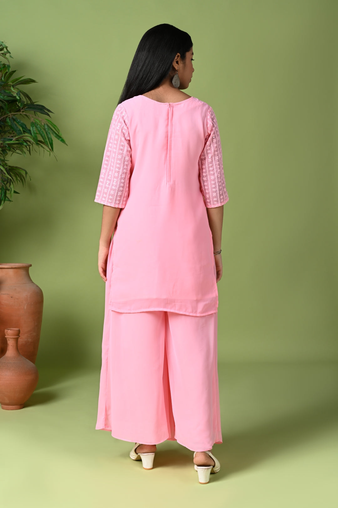 Pink Embroidered Kurta with Palazzo Pants & Dupatta