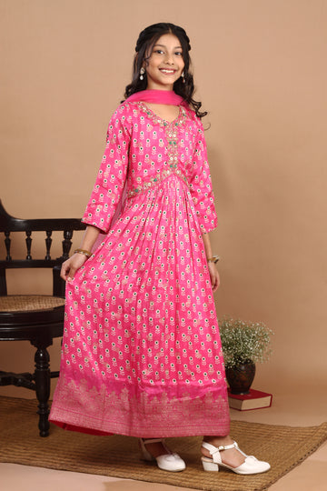 Jacquard Embroidered and Printed Rani Colour Gown Set with Dupatta