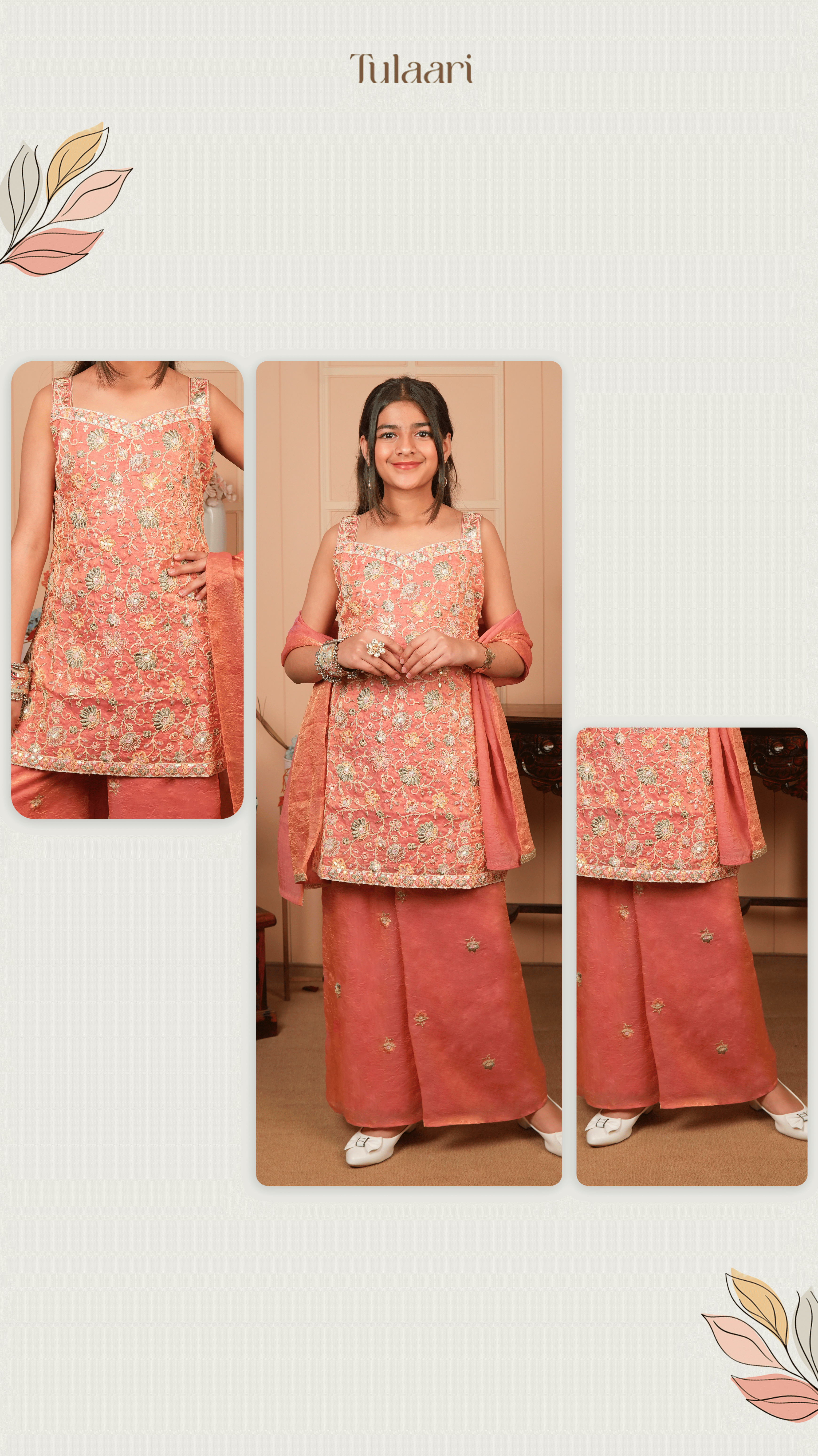 Peach Satin Crush Embroidered Pallazo Set with Dupatta
