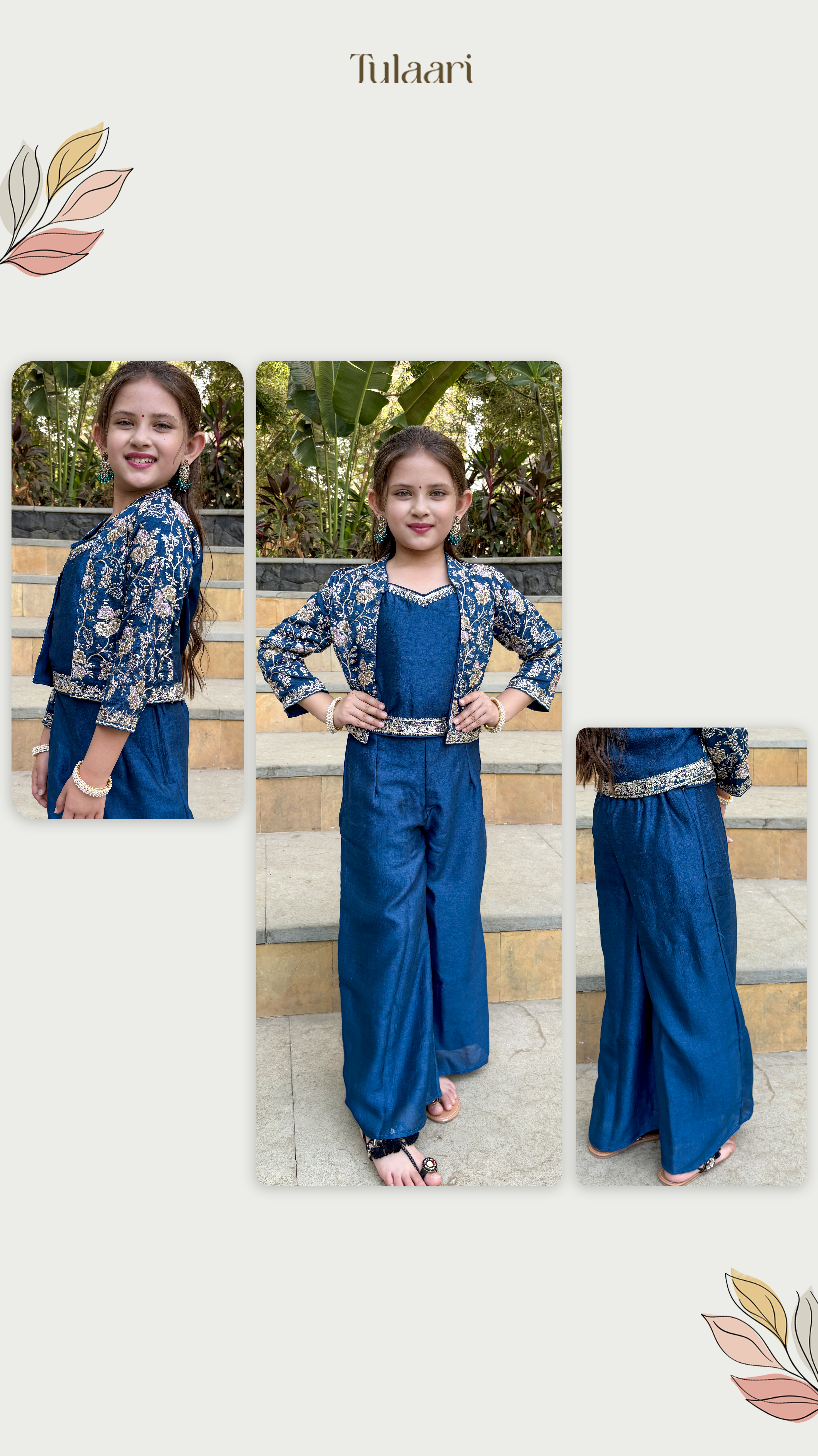 Blue Silk-blend Embroidered Palazzo Set with Crop Top and Jacket Indo Western Outfit