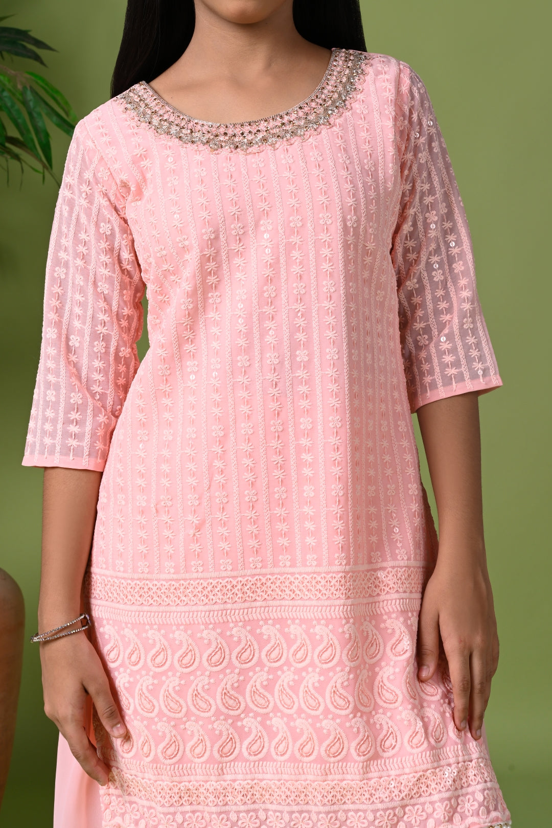 Pink Embroidered Kurta with Palazzo Pants & Dupatta