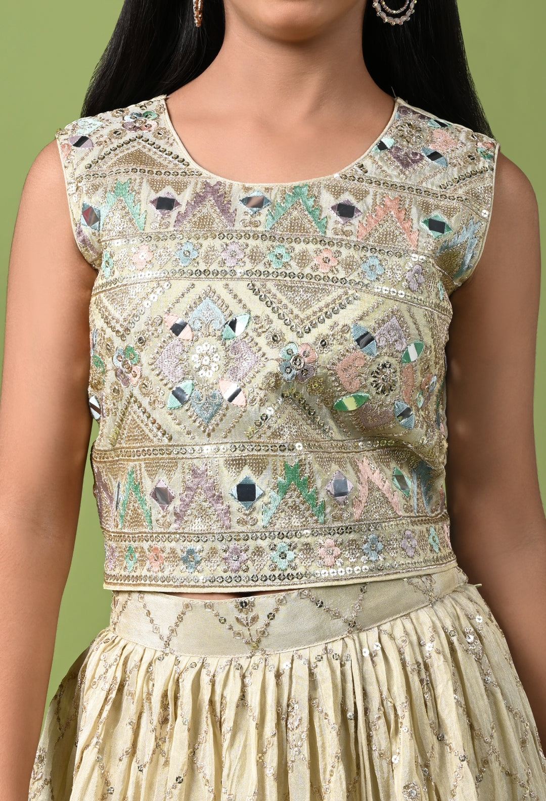 Golden Beige Embroidered Lehenga Set with Crop Top