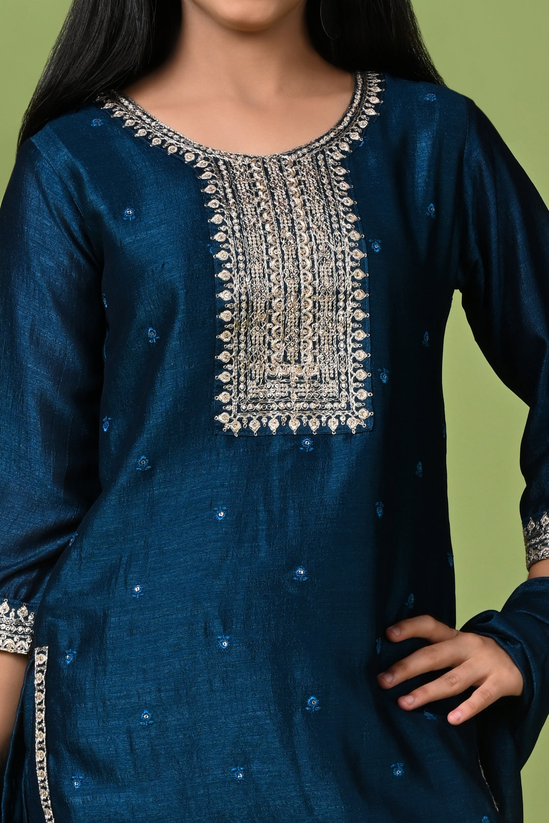 Silk Embroidered Kurta Set with Pants and Dupatta