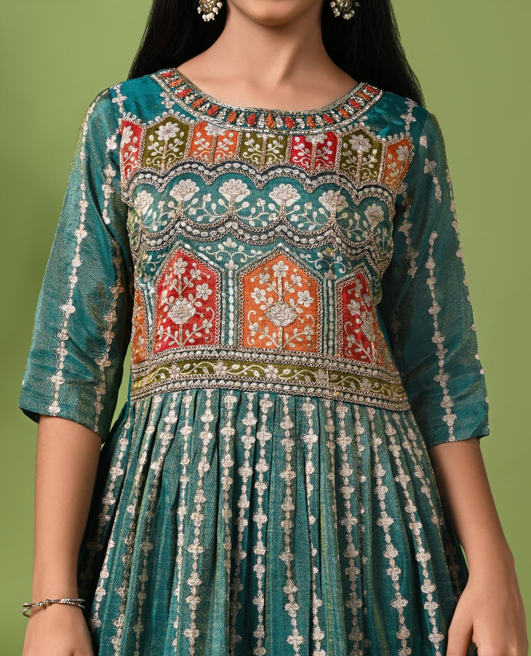 Teal Green Printed Anarkali with Dupatta