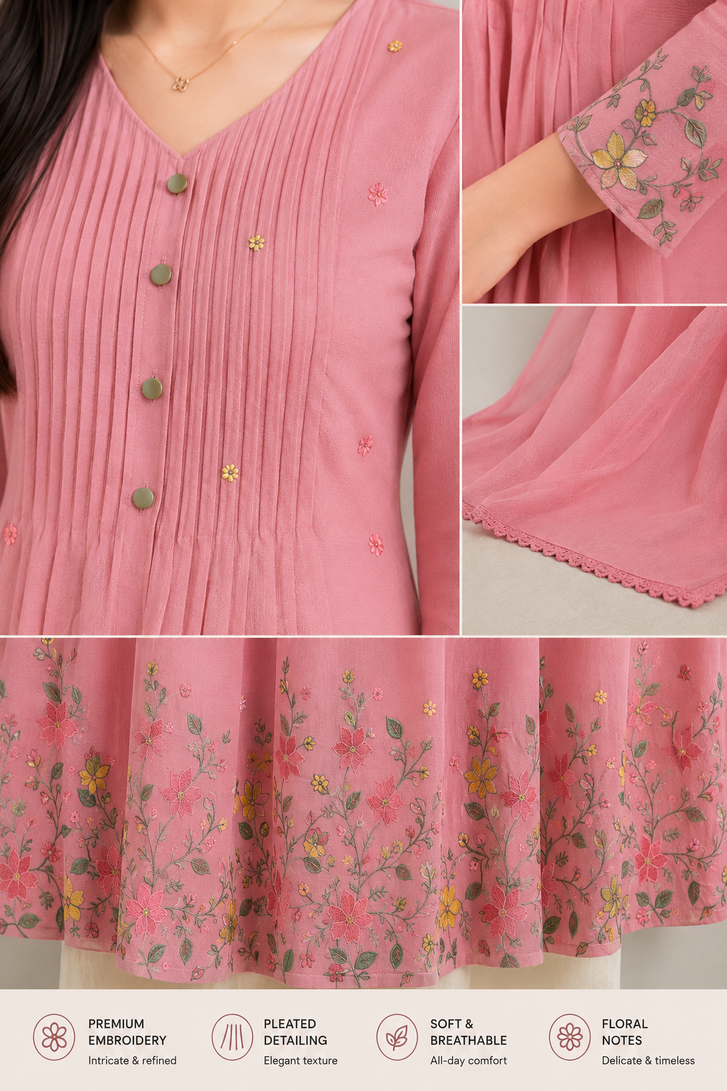 Cotton Pink Mulmul Pleated Gown with Exclusive Embroidery with Pant and Dupatta Set