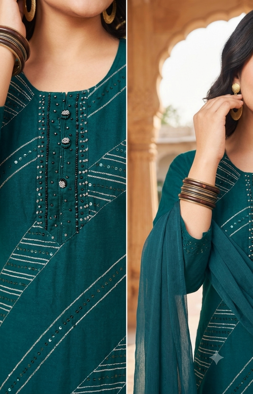 Embroidered Rama Kurti Palazzo Set with Dupatta