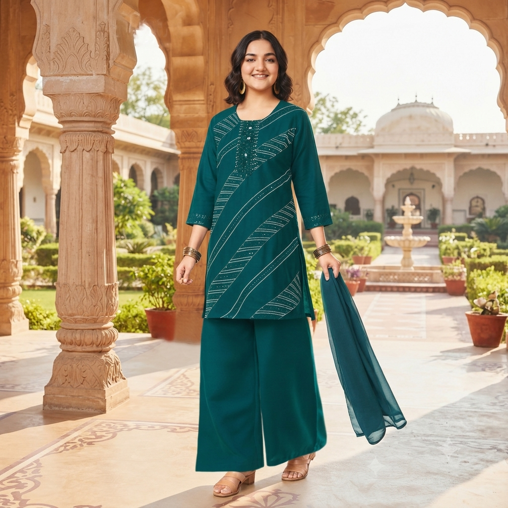 Embroidered Rama Kurti Palazzo Set with Dupatta