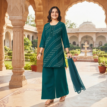 Embroidered Rama Kurti Palazzo Set with Dupatta