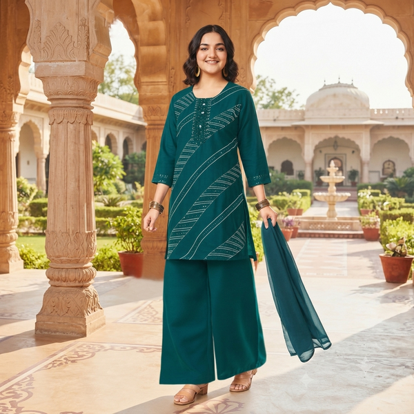 Embroidered Rama Kurti Palazzo Set with Dupatta