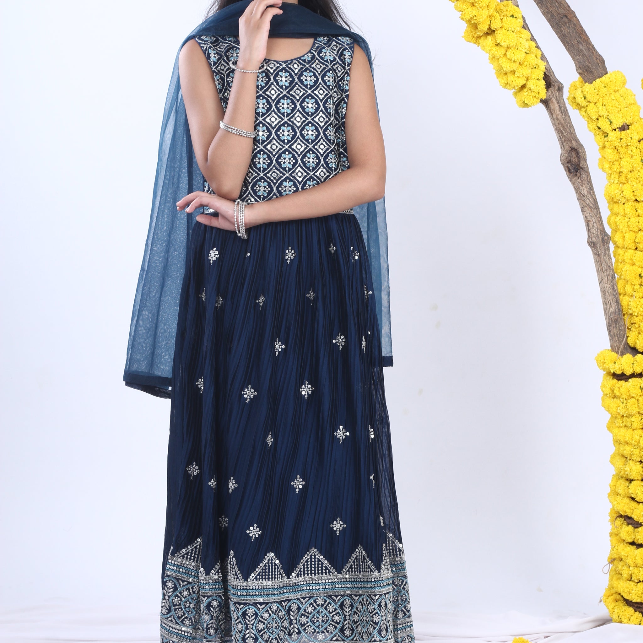 Blue Silk Sequins and Zari Embroidery Gown Set with Dupatta