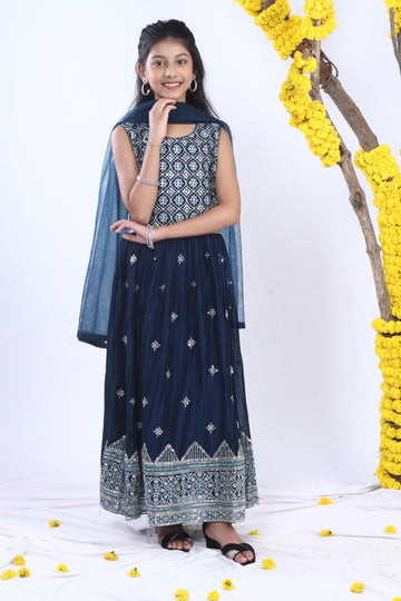 Blue Silk Sequins and Zari Embroidery Gown Set with Dupatta