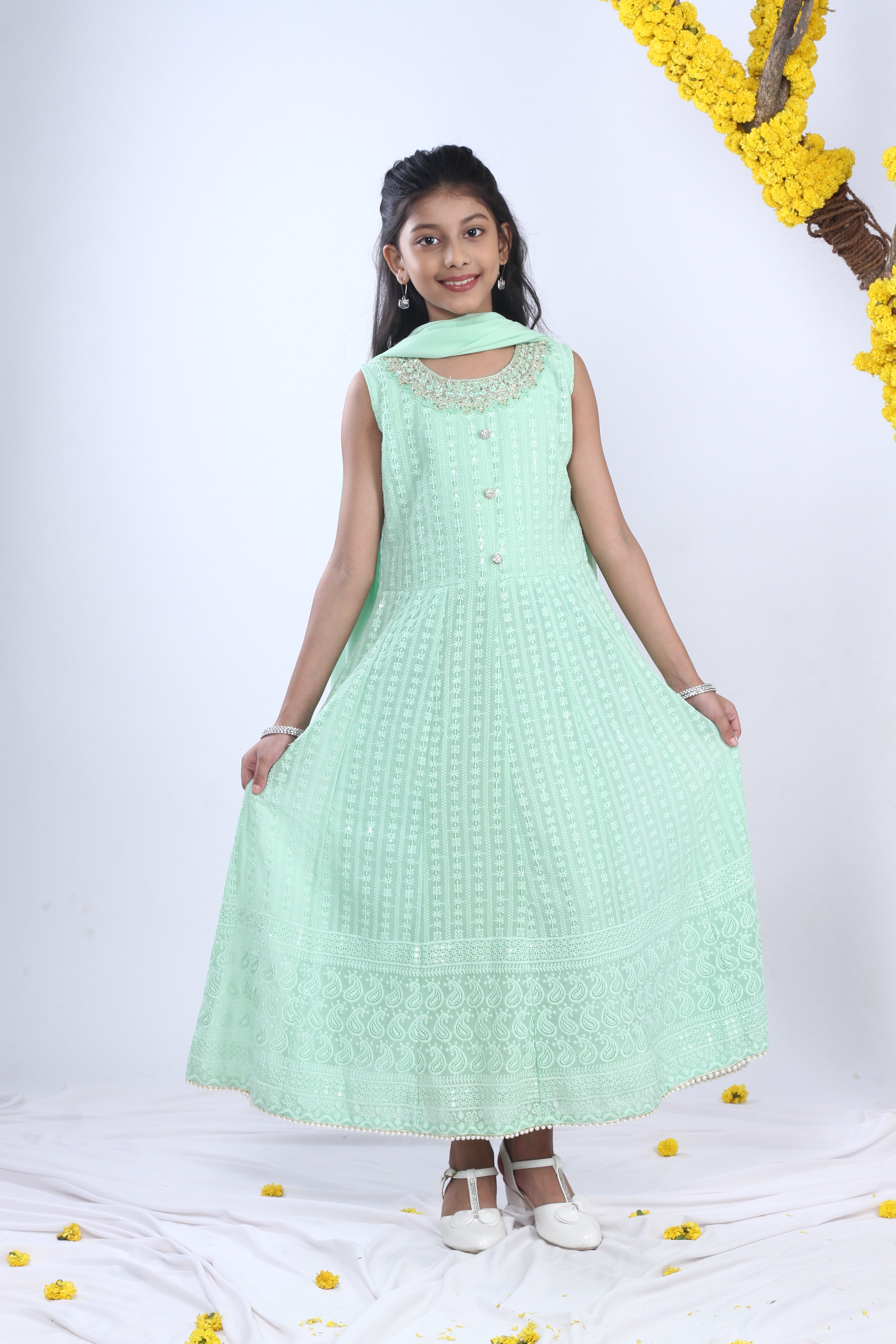 Georgette Gown Set in Handwork and Chikan Embroidery with Dupatta