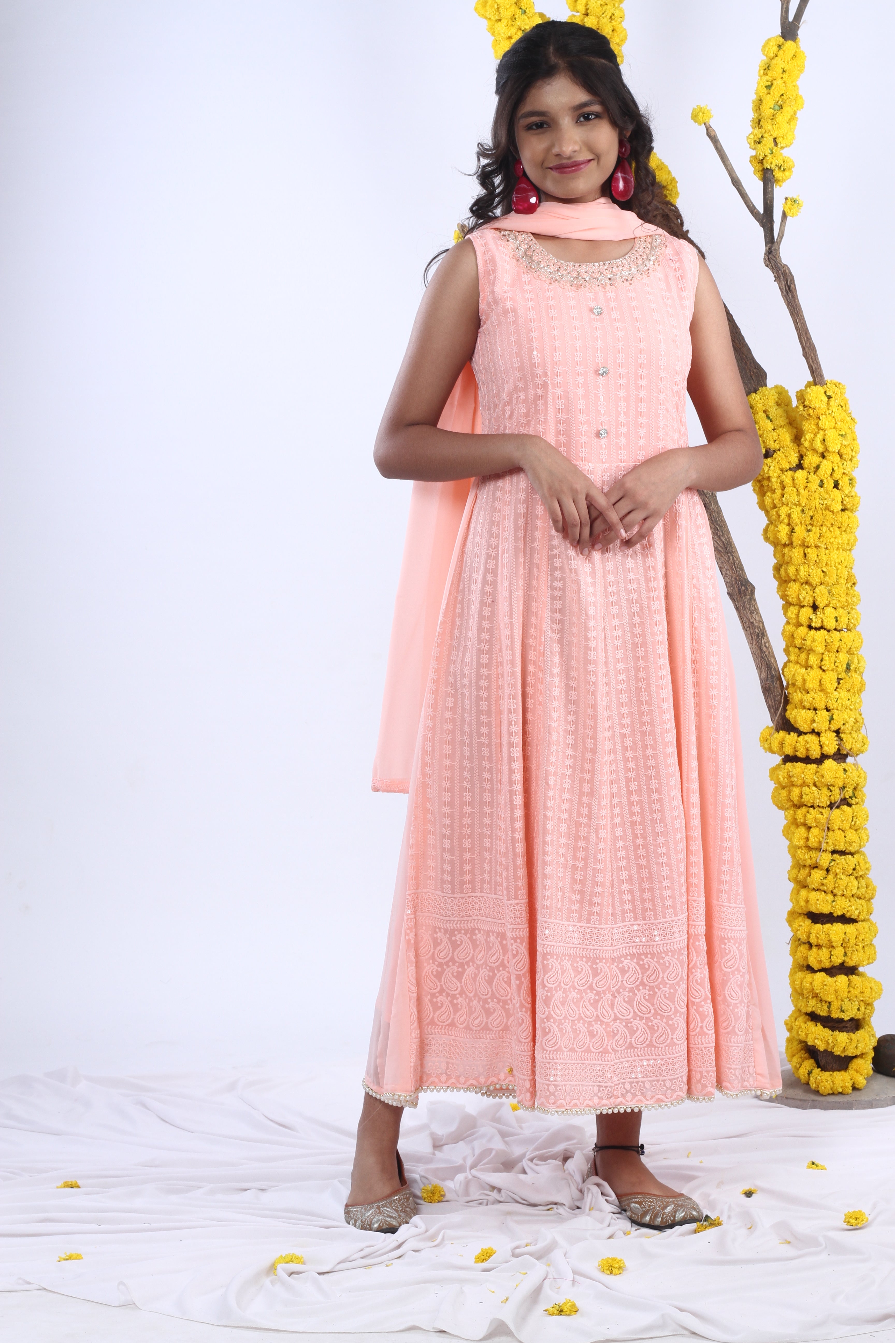 Georgette Gown Set in Handwork and Chikan Embroidery with Dupatta