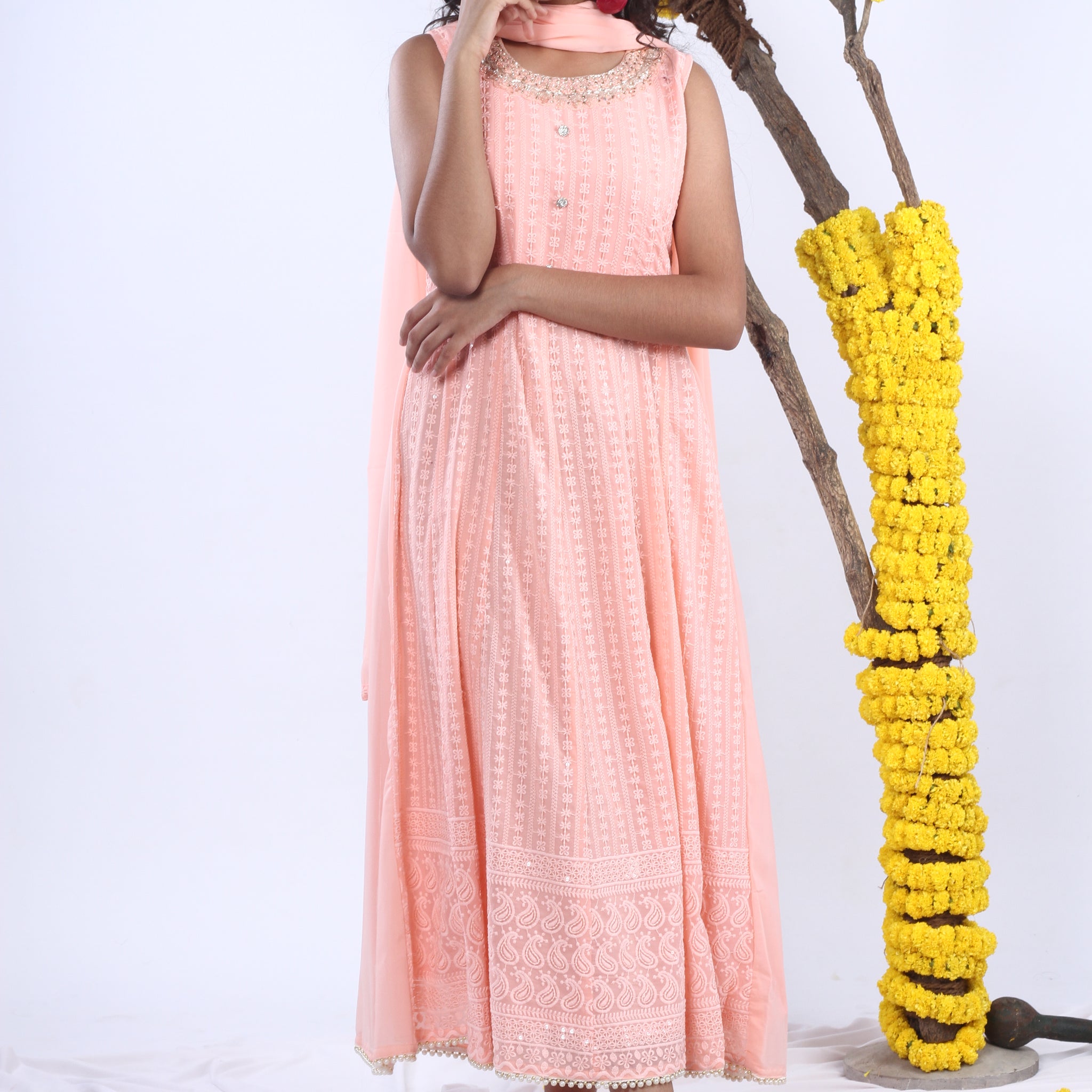 Georgette Gown Set in Handwork and Chikan Embroidery with Dupatta