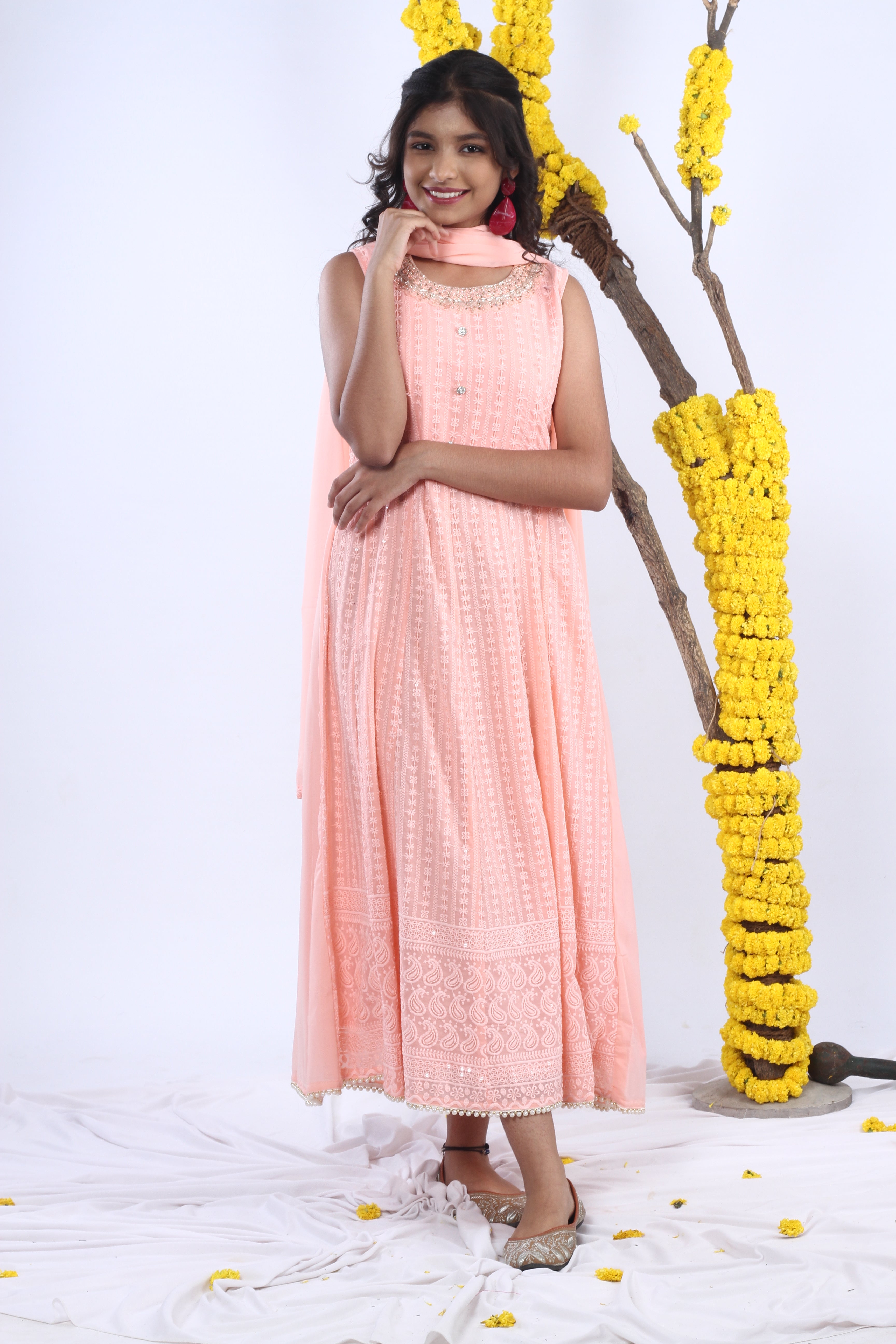 Georgette Gown Set in Handwork and Chikan Embroidery with Dupatta