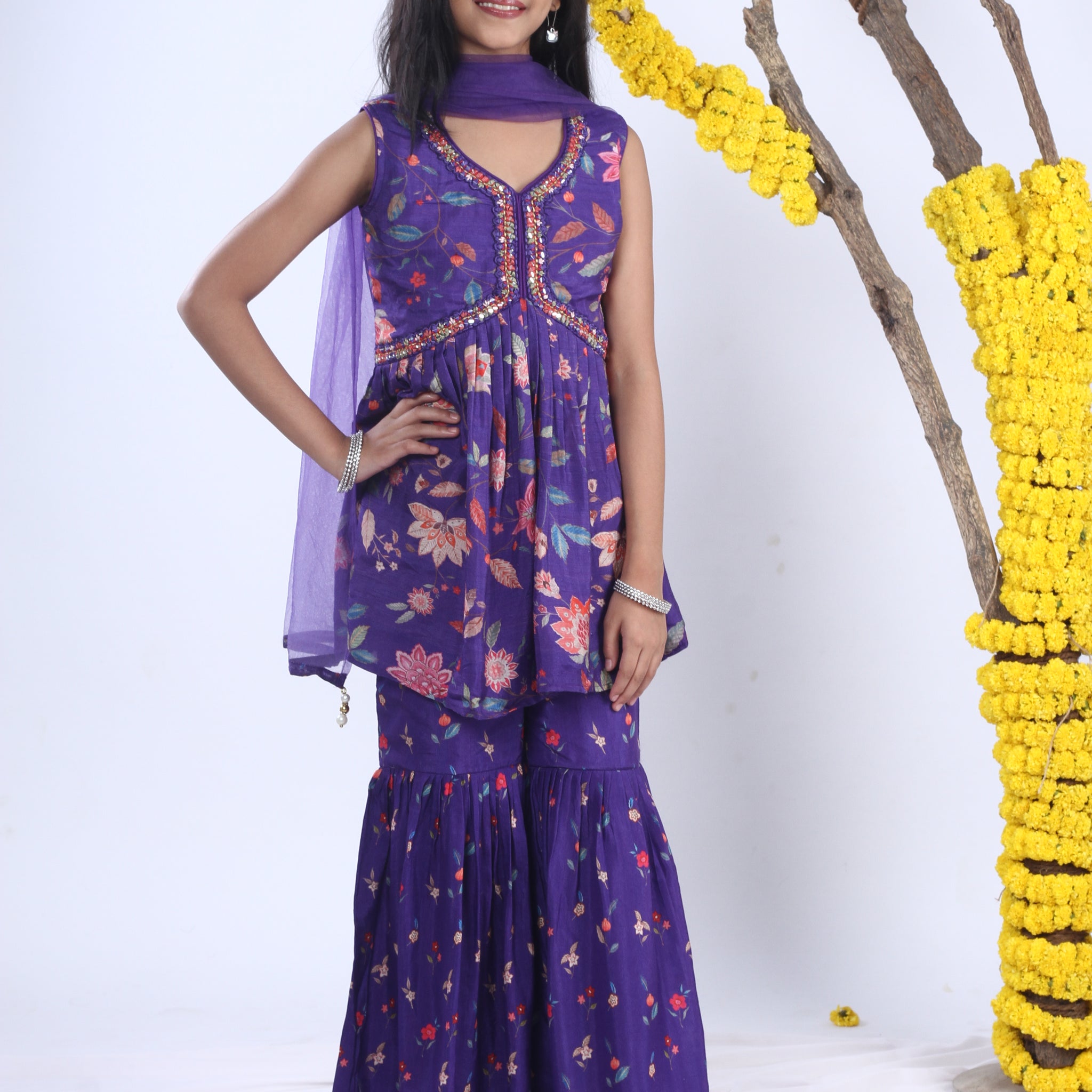 Pure Silk Printed and Mirrow Work Sharara Set with Pant and Dupatta