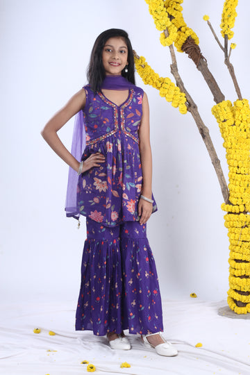 Pure Silk Printed and Mirrow Work Sharara Set with Pant and Dupatta