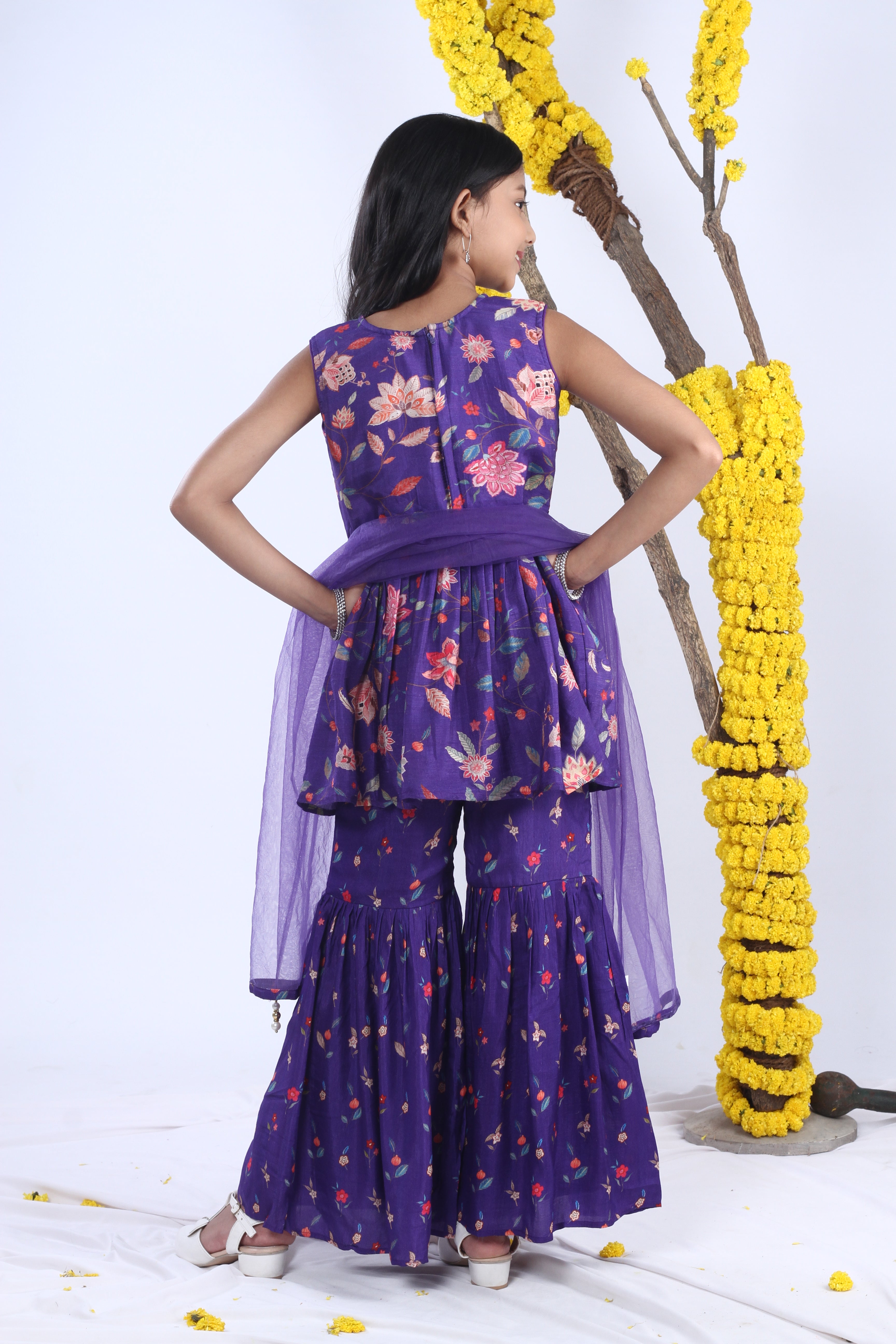 Pure Silk Printed and Mirrow Work Sharara Set with Pant and Dupatta