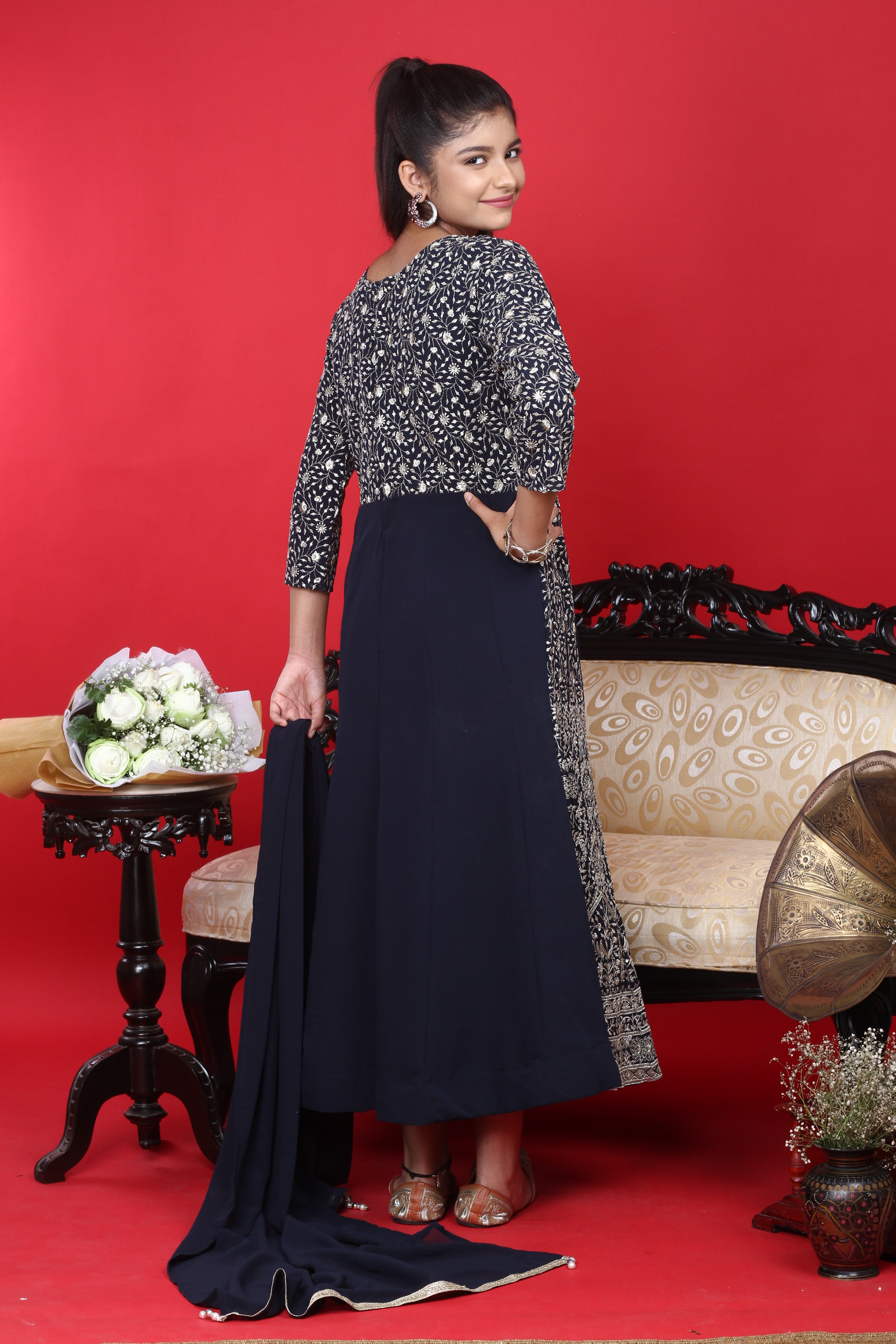 Chiffon Zari Embroidery Work Gown Set with Dupatta