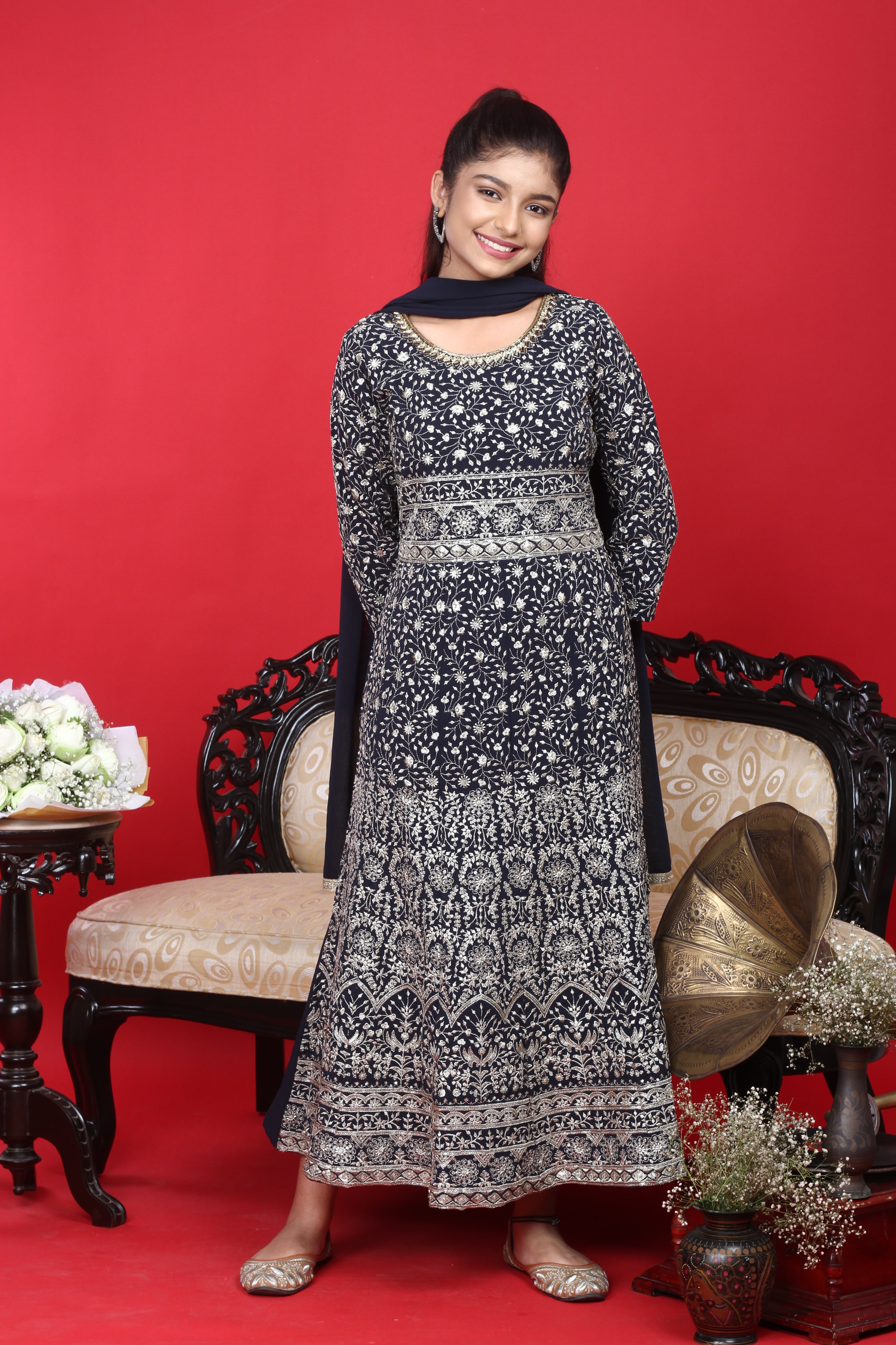 Chiffon Zari Embroidery Work Gown Set with Dupatta