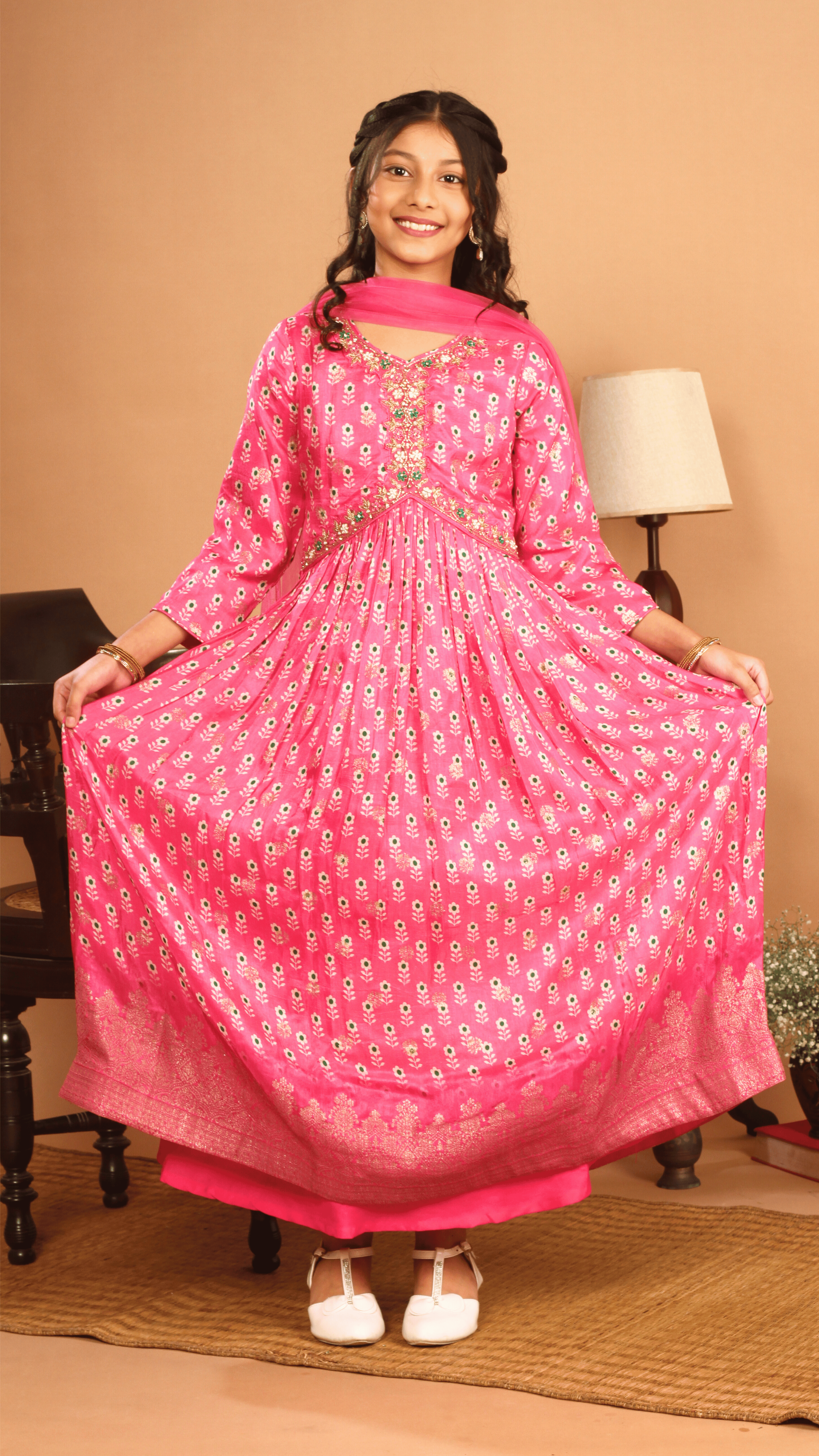 Jacquard Embroidered and Printed Rani Colour Gown Set with Dupatta