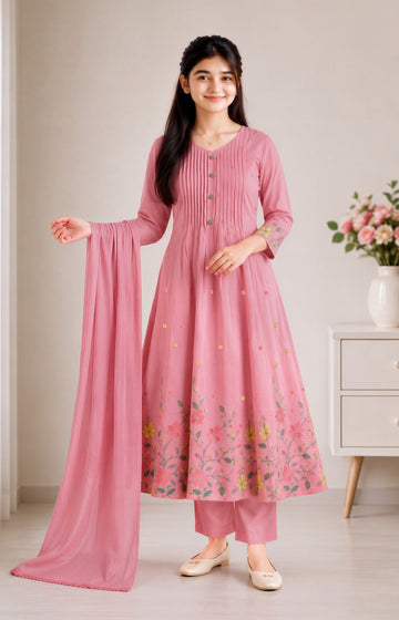 Cotton Pink Mulmul Pleated Gown with Exclusive Embroidery with Pant and Dupatta Set