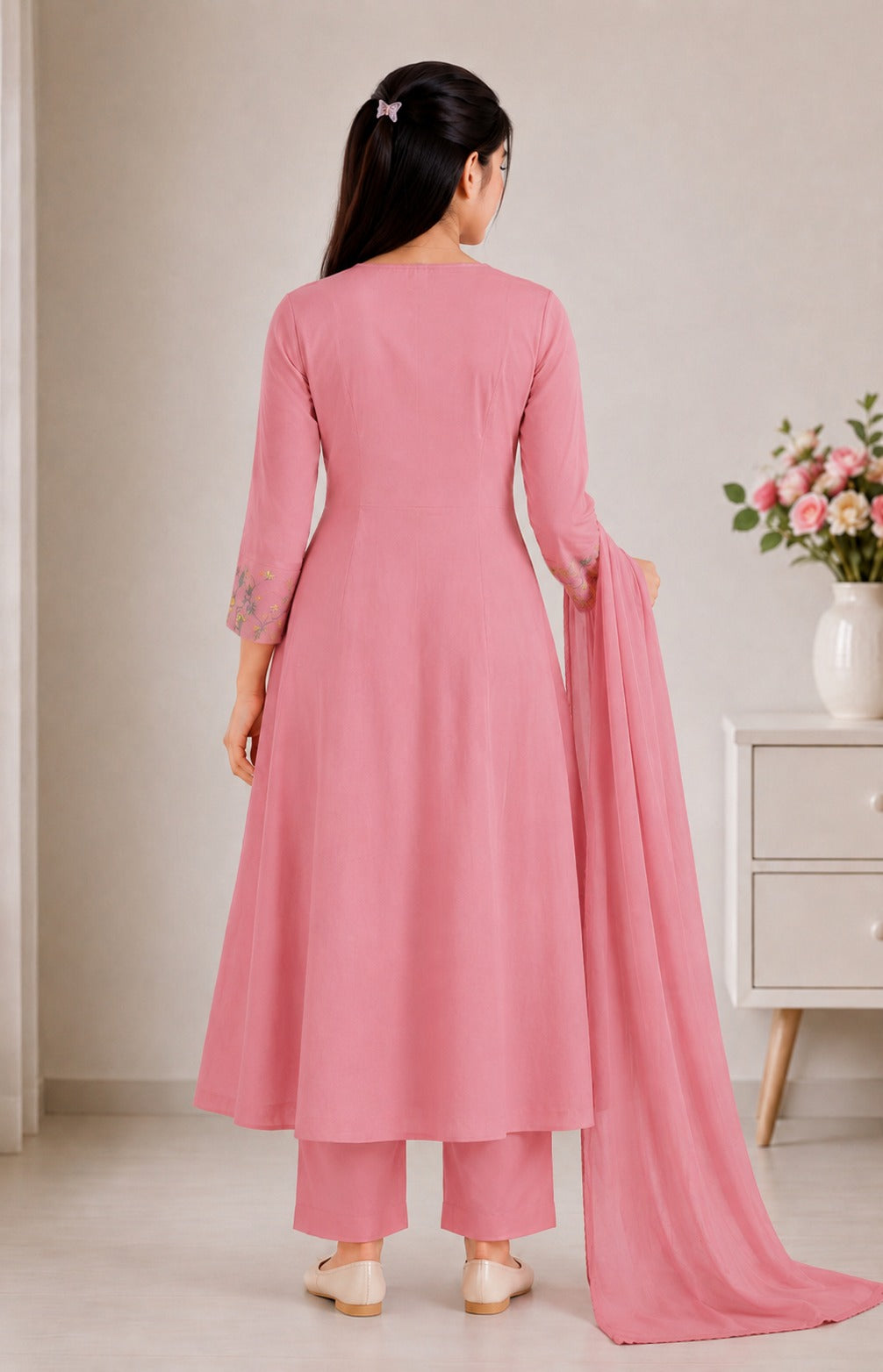 Cotton Pink Mulmul Pleated Gown with Exclusive Embroidery with Pant and Dupatta Set