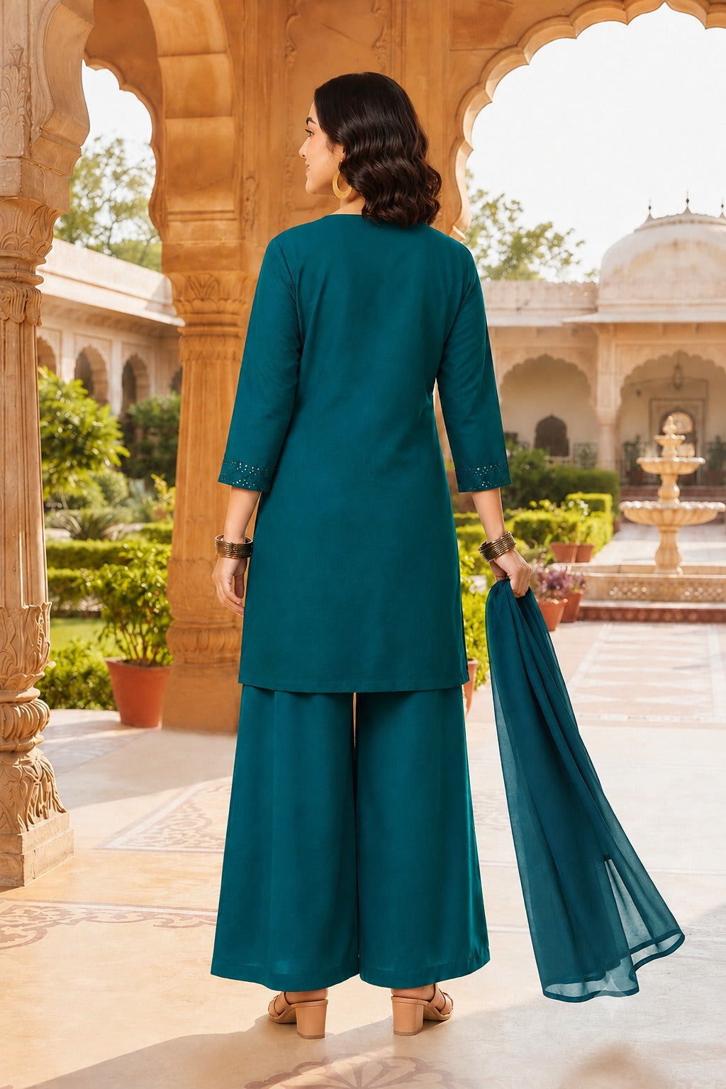 Embroidered Rama Kurti Palazzo Set with Dupatta