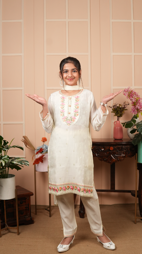 Cotton Embroidered White Kurti Set with Pants and Dupatta